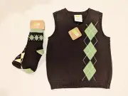 NWT Crazy 8 Boy Brown Preppy Argyle Knit Sweater Vest & Socks SIZE 2 Years