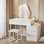 LEVEDE White Vanity Desk 3 in 1 with 3-Color Touch Screen Lighted Mirror, Modern Retractable Makeup Table with Adjustable Cabinet and 5 Drawers, Dressing Table Stool Set with Mirror for Women Girls