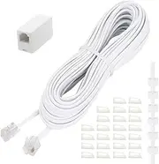 Uvital Phone Extension Cord 33 Ft, Telephone Cable with Standard RJ11 Plug and 1 in-Line Couplers and 20 Cable Clip Holders, White