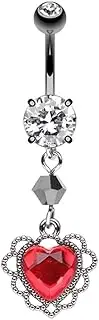 [Pierced Owl] 14GA Stainless Steel CZ Crystal Victorian Lace Doily Heart Dangling Belly Button Ring, Metal, cubic zirconia