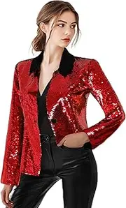 [HIGAKI] Women's Sequin Jackets Long Sleeves Single Button Casual Sparkly Coat with Pocket