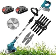Grass Strimmer Cordless, 1800W Electric Strimmer, Lightweight Grass Trimmer,Foldable Design, Telescopic Handle, 2 3000 Mah Batteries, 5 Plastic Blades, Alloy Saw Blade, for Garden