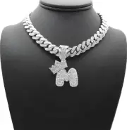Silver PT Bubble Alphabet M Pendant 16" ~ 24" Iced Cuban Box Lock Chain Necklace