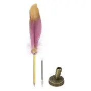 Feather Pen Quill, Ballpoint Pen with Bronze Pen Holder, Dark Purple