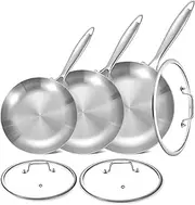 [LOLYKITCH] 8.5-10-12 Inch Tri-Ply Stainless Steel Frying Pan Set with Lids,Skillets,Induction Cooking Pans,Pots and Pans Set,Dishwasher and Oven Safe.