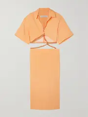 [Christopher Esber] Christopher Esber - Cutout Bead-embellished Linen-blend Maxi Shirt Dress - Peach - UK 10 UK 10 Orange