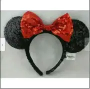 Disney's Minnie Mouse Ears Headband-Black Sequins & Shiny Red Sequined Bow-NWTS
