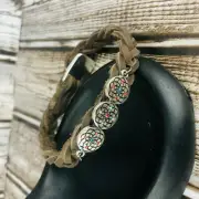 Braided Brown Leather Cord Floral Rhinestone Silver Button Clasp Bracelet