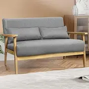 ALFORDSON 2-Seat Wooden Armchair High Back Accent Chair with Solid Wood Frame Armrest with Pillow, Linen Fabric Upholstery Cushion Lounge Sofa for Reading Bedroom Living Room, 280kg Load, Light Grey