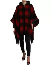 Dolce&Gabbana Women Black Red Poncho Jacket Polyester Check Hooded Overcoat Sz S
