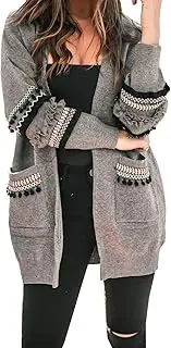 [BTFBM] Women Boho Long Sleeve Open Front Knit Cardigan with Pockets Bohemian Knitted Sweater Outwear Coat Tops (Grey, Medium)