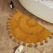 Half Circle Bath Mat 51×81 CM 100% Cotton Boho Bath Rug with Hand-Tied Tassels, Mustard Floor Rugs, Semi Circle Non-Slip Washable Shower Mat, Decorative Floor Mat for Home, Dormitories