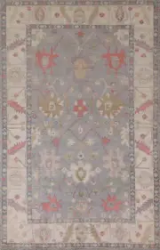 Vegetable Dye Light Gray Wool Hand-knotted Floral Oushak Turkish Area Rug 6x9