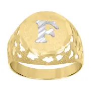 10kt Two-Tone Gold Mens Diamond-Cut Textured Initial Letter F Band Ring