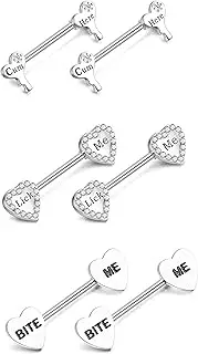 [Sanfenly] 3 Pairs 14G Nipple Rings Stainless Steel Nipple Heart Shape Piercing Barbell with Carved Tongue Bars Rings Body Piercing Jewelry for Women