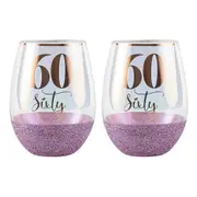 2PK Glitter 60th Celebration Stemless Wine Drinking Glass Purple 600ml Tumbler
