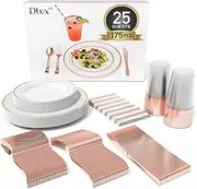 Rose Gold Plastic Dinner Plates Dinnerware Set for 25 Guests | 12 oz Rimmed Cups & Straws | Cocktail Recipe eBook | 175 Pieces [25 Forks, Knives, Spoons, Cups, Salad & Dinner Plates] Reusable