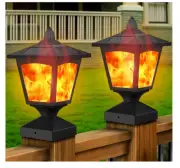 Outdoor Flame Light Solar Post Deck Fence Cap Waterproof Flickering Lights 2 Pcs