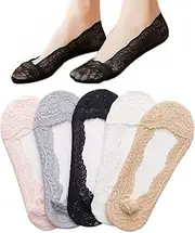 [Sywwlov] 5 Pairs Women's Lace Casual No Show Non Slip Socks Invisible Cotton Low Cut Liner Boat Socks