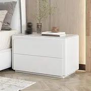 Modern Bedside Table with 2 Drawers, Leather Finish Storage Bed End Table, Large Size Solid Wood Nightstand, for Living Room Bedroom Furniture(White,/70cm/27.6in)