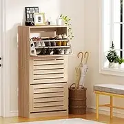 Artiss Shoe Cabinet 45 Pairs Shoe Storage Rack with Adjustable Shelves, Narrow Shoe Organiser for Entryway Hallway Living Room Pine