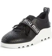 Miu Miu by Prada Wedge Sneakers Platform Logo Black Perforated Leather Shoes 38