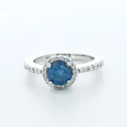 1.45 CTW Blue VS2 Round Cut Natural Certified Diamonds 18k Gold Halo Accent Ring