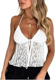 [Generic] Women Tie Front Lace Top Halter Neck Cami Tank Sexy Going Out Tops Backless Cute Summer Flowy Vest Shirt
