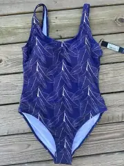 Nicole Miller Studio Swimsuit Scoop Back BLUE Leaf Print XL cups wirefree $120