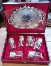 SILVER CORDIAL/SAKI 6 CUPS WITH TRAY new in box MADE IN JAPAN. grapes and vines