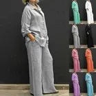 Solid Blouse and Straight Pants Set Lapel Shirt Two Pieces Set for Women