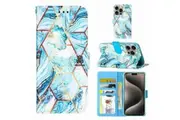 For Apple iPhone 15 Plus Case SupRShield Marble Painting Pattern Flip Wallet Leather Card Slots Shockproof Cover (Blue)