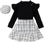 [CsgrFagr] Toddler Girl Fall Winter Outfit Ribbed Long Sleeve Solid Ruffles Shirt Plaid Skirt with Hat Girl