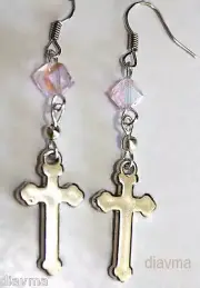 Cross and pink glass bead - God - Silver tone Christian EARRINGS