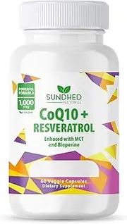 COQ10 + Resveratrol Ultra High Potency, 60 Capsules for Enhanced Heart Wellness, Coq10+Resveratrol Supplement for Anti-Aging, Immunity, Balanced Circulation - 1000mg