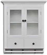 Wooden Kitchen Wall Cabinet with Hooks, Drawers and Shelves, Wall Mounted Storage Cabinet for Kitchen, 59 x 22.5 x 74 cm, MDF & Pine Wood (Frame) + Iron (Handle & Hook) + Glass