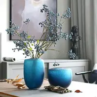 在飛比找樂天市場購物網優惠-手工玻璃花瓶藍色磨砂現代藝術插花花器客廳裝飾擺件