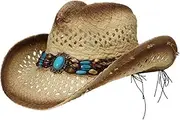 [DEMU] Straw Cowboy Hat Western Wide Brim Fedora Hat Faux Beige Belt for Men Cowgirl