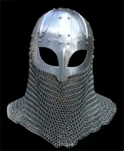 Medieval Viking Helmet Battle Armor 18G Steel with Chainmail Skirting and Leathe