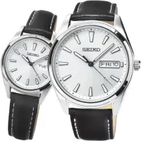 在飛比找momo購物網優惠-【SEIKO 精工】精工藍寶石時尚皮帶對錶-銀面(SUR44