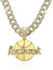 [Generic] Bling Stainless Steel Basketball “I‘m back” Charm Necklace for Girls Boys,Iced-out Cuban Link Chain Sports Athlete Pendant 14K Gold Plated/Silver CZ Chain Necklace Cool Fantasy Jewelry Gifts