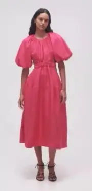 Aje Dress Size AU 8/ US 4 Mimosa BNWT Cut Out Midi Puff Sleeve Hot Pink Bow