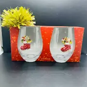 NEW Christmas Rhinestone Santa's Boots Stemless Wine Glass Set of 2