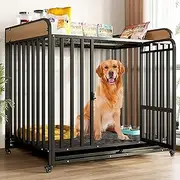 Medium size dog crate with side table decorative pet crate,dog crate furniture,With shelving table,Convenient storage,Thick square tubes, suitable for indoor use for large/medium/small dogs(Black,110c