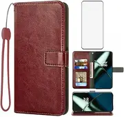Compatible with OnePlus 11 5G Wallet Case Tempered Glass Screen Protector Cover Card Holder Stand Cell Accessories Phone Cases for One Plus11 1 Plus 1plus11 One+ 1+ Women Men Brown