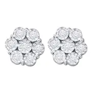 14k White Gold Round Illusion-set Diamond Flower Cluster Earrings 1 Cttw