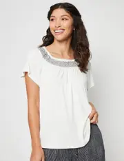 [Millers] Millers Short Sleeve Top With Smocking - Size 18 - Womens - WHITE 18 WHITE