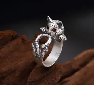 Real 990 Silver Fine Jewelry Handmade Engrave Girls Lovely Cat Opening Finger