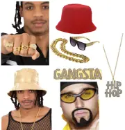 90s Rapper Accessories Bling Rings Chain Bucket Hat Mens Ladies Pop Rap