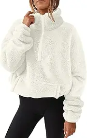 [DSAoTeng] Women’s Fleece Zip Up Crop Long Sleeve Stand Collar Tunic Top-Casual Double Fleece Half Zip Warm Pullover Teddy Jacket Outwear for Fall Winter